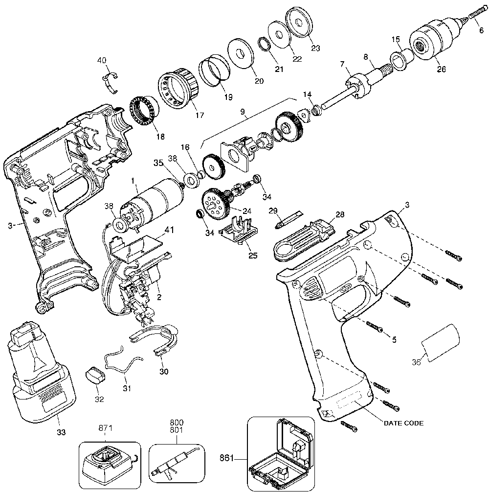Exploded Diagram A Diagram and Parts List for 2765K-14 Type 2 Black and Decker Cordless Drill
